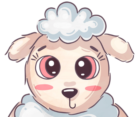 Jelly Bean the sheep character illustration showing a cute white sheep with big pink eyes and fluffy appearance